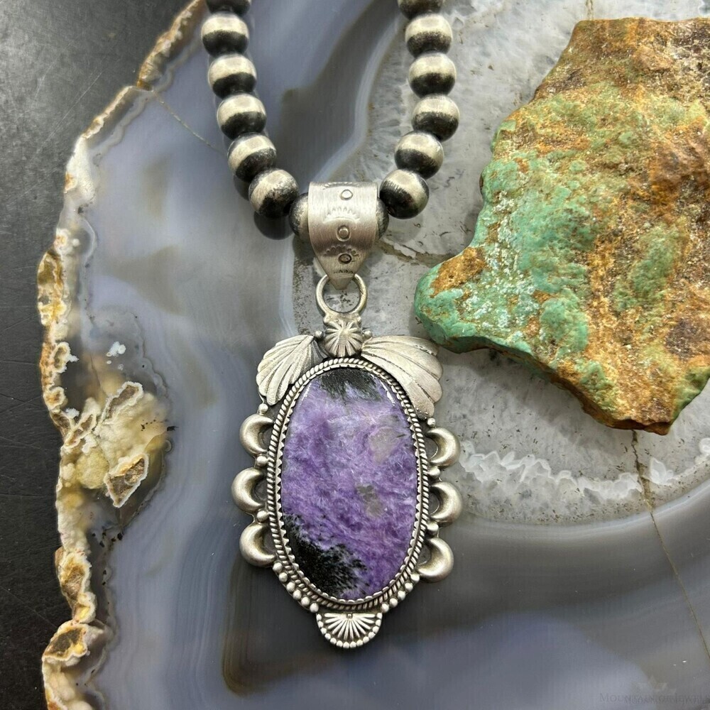 Sterling Silver Southwestern Style Oval Charoite Decorated Pendant For Women - Picture 2 of 10